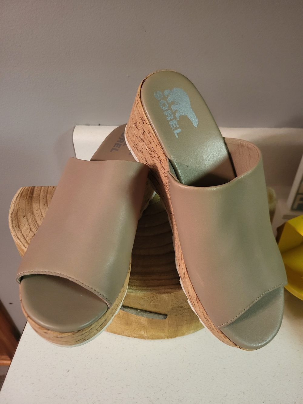 Sorel Women's Taupe Leather Cork Wedge Slide Sandals